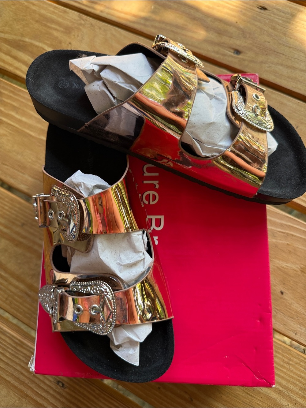 New in Box Nature Breeze Metallic Rose Gold Double-Buckle Slide Sandals 7.5 & 8